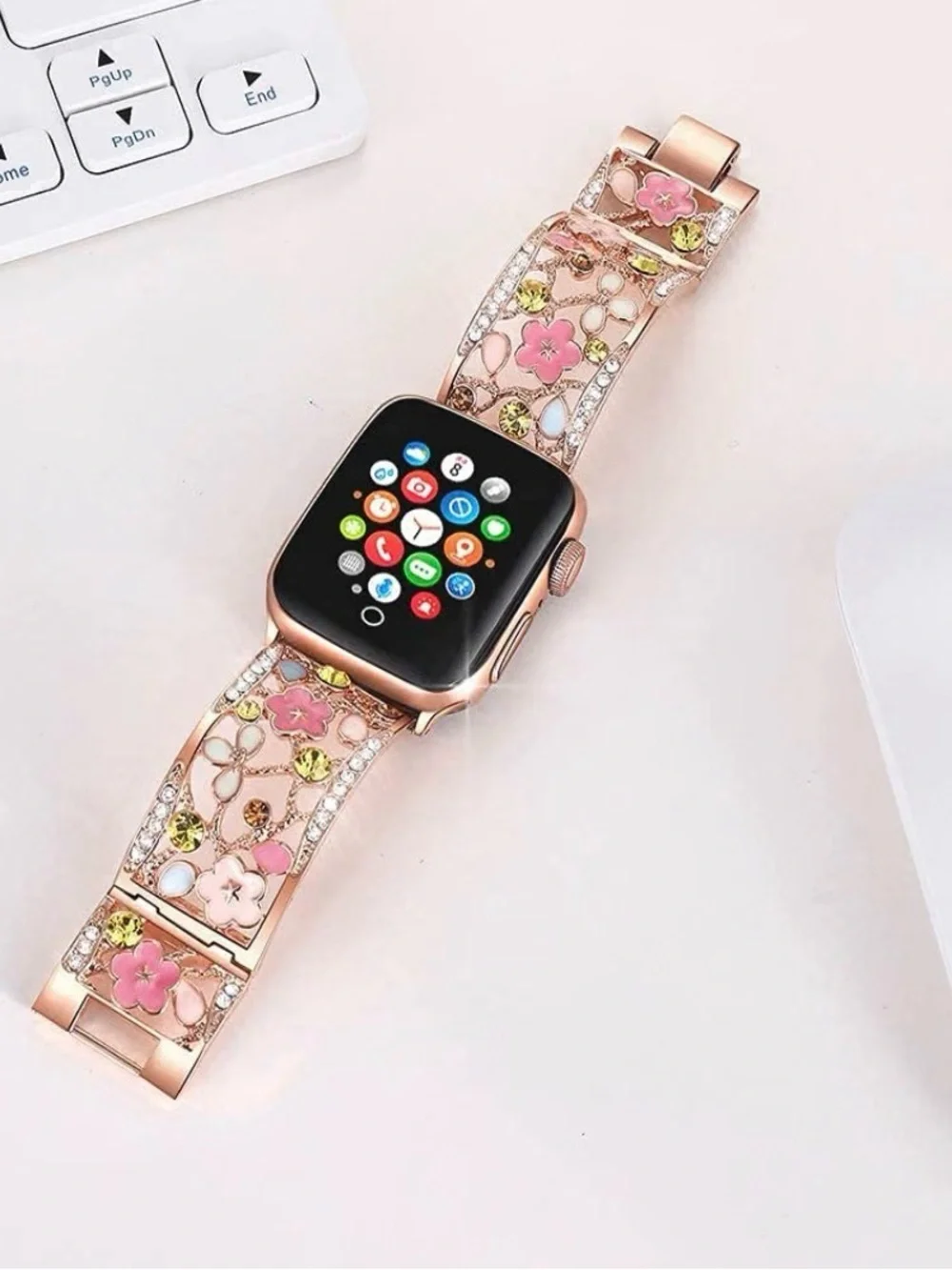 Rose Gold Floral Crystal Apple Watch Band 42/44/45/46/49mm series 11/10/9/8/7